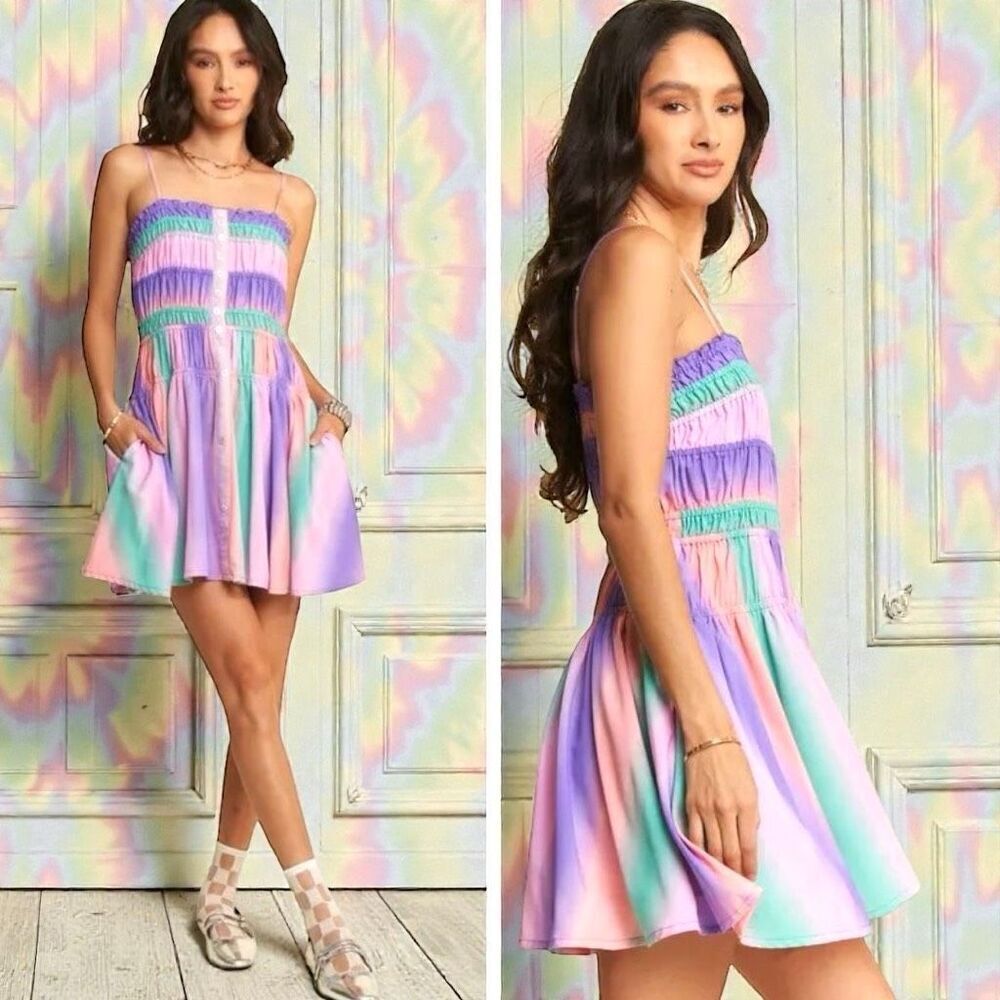 Smocked Button-Front Mini Sundress | Pockets |Pastel Rainbow | Davi & Dani - Picture 3 of 16